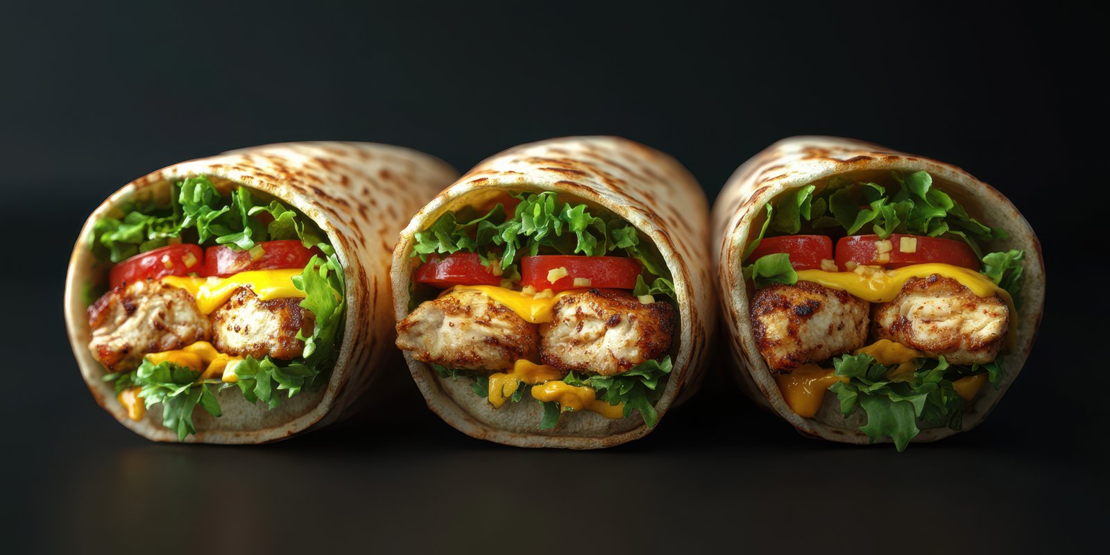 Delicious wraps with grilled chicken, fresh vegetables, and cheese arranged in a row on a dark background